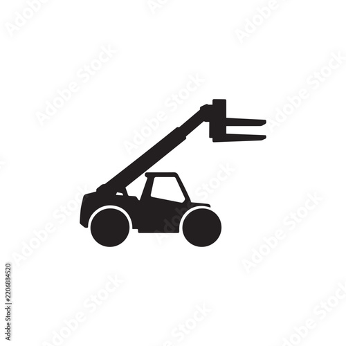 Telehandler forklift icon for construction lifting and material handling
Solid black telehandler forklift icon with telescopic boom for construction lifting, warehouse material handling and heavy 