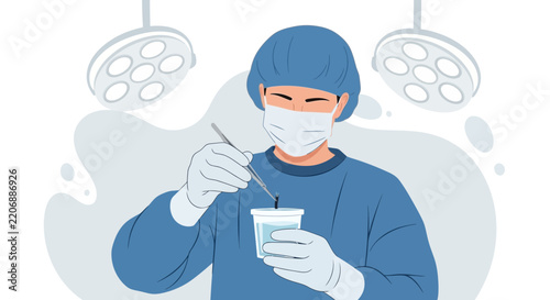 Surgeon In Scrubs With Mask Holding Specimen Jar