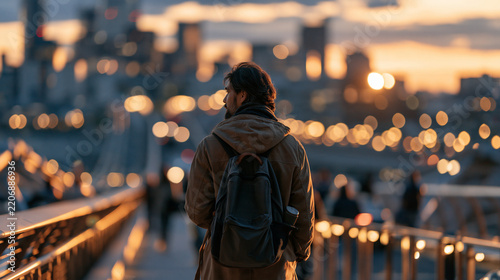 Silhouette of a homeless man walking alone across an empty city bridge at dawn, defocused skyline, urban poverty concept