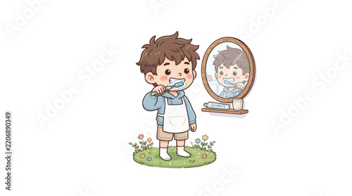 Boy Brushing Teeth Cartoon Vector Illustration