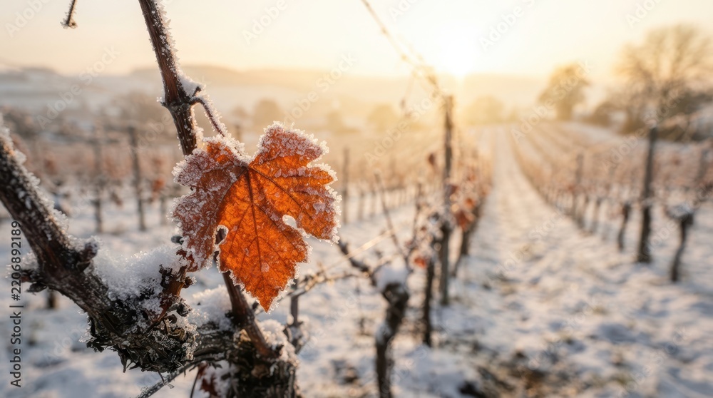 Obraz premium Rows of frozen grape vines with single orange leaf in snowy vineyard landscape during golden hour sunset