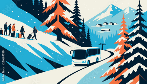 Winter Travel Vector Illustration With Bus And Tourists In Mountain Landscape