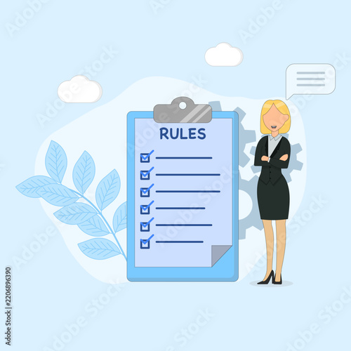 Illustration of a work board displaying rules and guidelines, featuring a female character on a blue background.