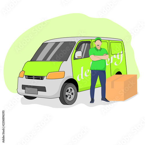 Illustration of goods delivery using a car, with a character.