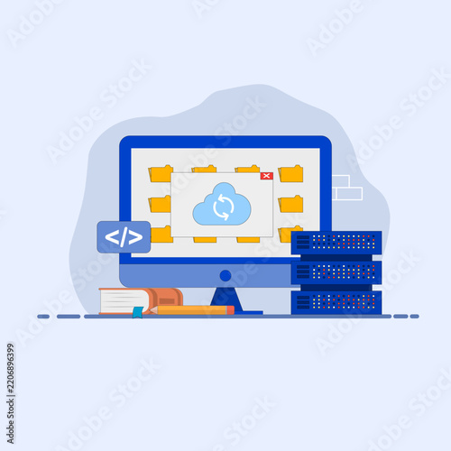 Illustration of data processing efficiency, featuring icons of books, pencils, computers, and data storage devices.