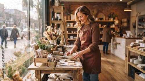Independent shop owner reopening a small business after the holiday break, preparing the store for the first customers of January.