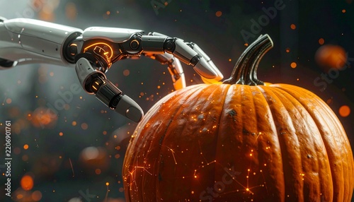Robot Hand Touching Pumpkin: A futuristic robot hand with glowing orange accents delicately touches a ripe pumpkin, set against a dark, atmospheric background with glowing particles.