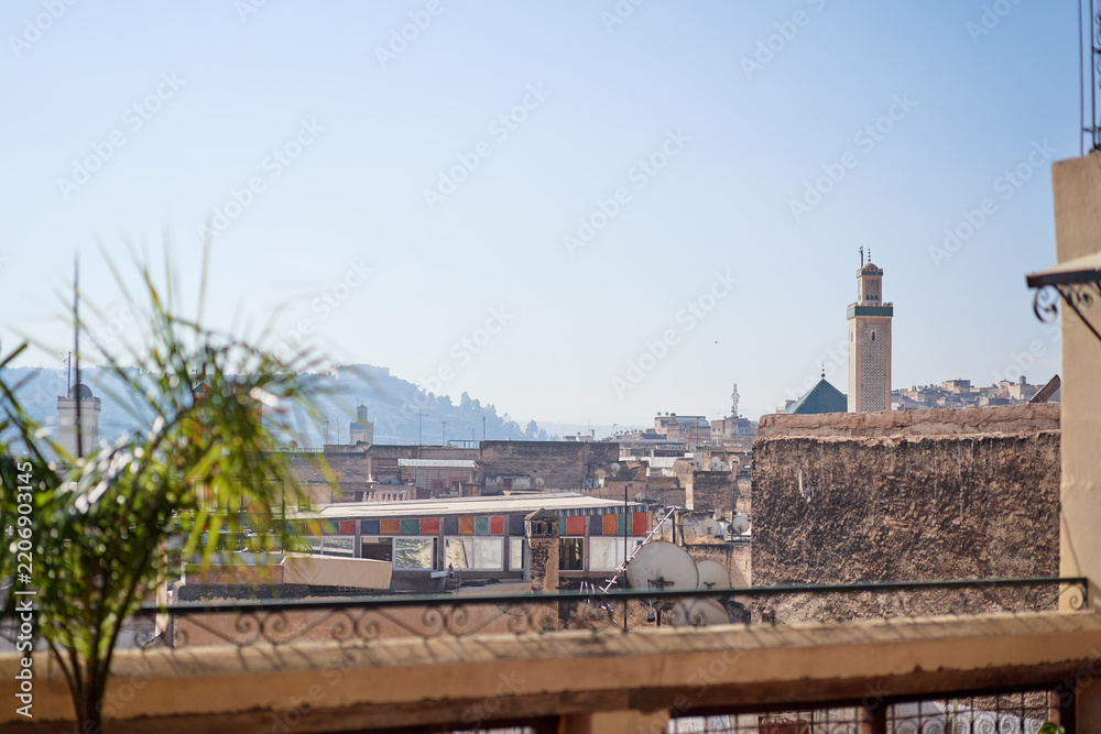 Obraz premium A rooftop view of a cityscape with pink buildings and palm trees under a clear blue sky.