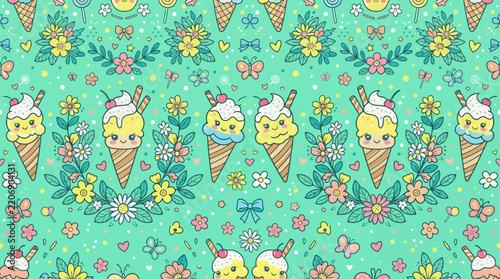 Cute Kawaii Ice Cream Pattern with Flowers and Butterflies