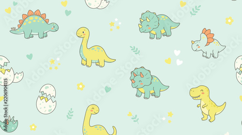 Cute Dinosaur Pattern: Baby Dinosaurs, Eggs, Stars, Hearts - Isolated