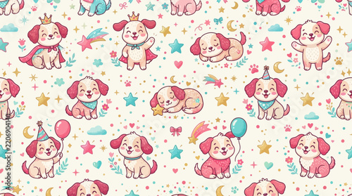 Cute Kawaii Dog Pattern, Transparent Background, Cartoon Puppy Celebration