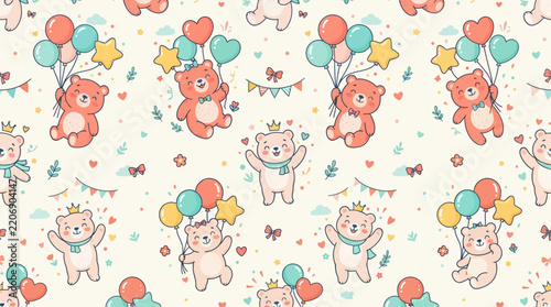 Cute Teddy Bear Pattern with Balloons and Confetti, Transparent Background