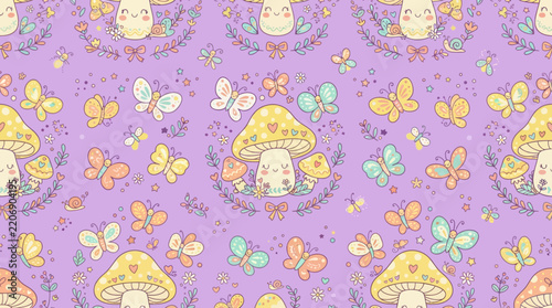 Kawaii Mushroom and Butterfly Seamless Pattern, Transparent Background