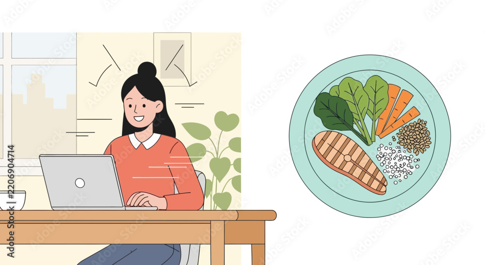 Fototapeta premium Healthy Food Bowl with Salmon and Laptop Lifestyle