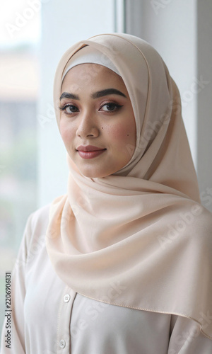 young muslim woman wears delicate beige turban subtle makeup standing soft focus window