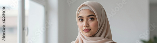 young muslim woman wears delicate beige turban subtle makeup standing soft focus window