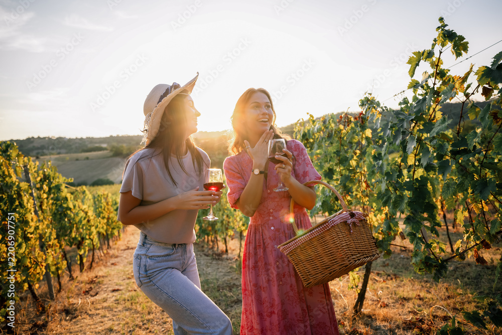 Obraz premium Two young women having fun and chatting at vineyard sunset picnic