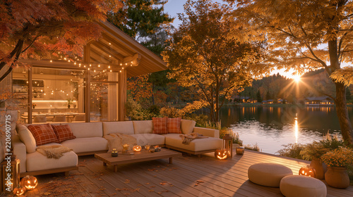 Autumnal Oasis: A cozy outdoor living space adorned with festive string lights and pumpkins, set against a breathtaking backdrop of a tranquil lake and trees ablaze with fall foliage.