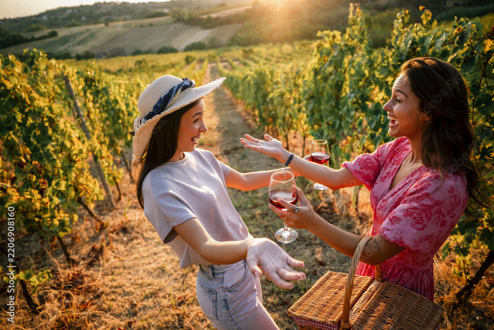 Obraz premium Two excited female friends gesturing and talking with wine in vineyard