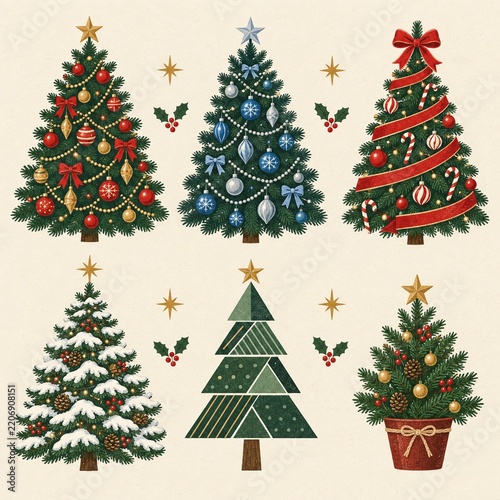 Tapety artystyczne 6種類のデザインを並べたクリスマスツリー素材セット