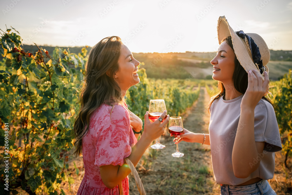 Obraz premium Two smiling women chatting face to face with wine in sunlit vineyard