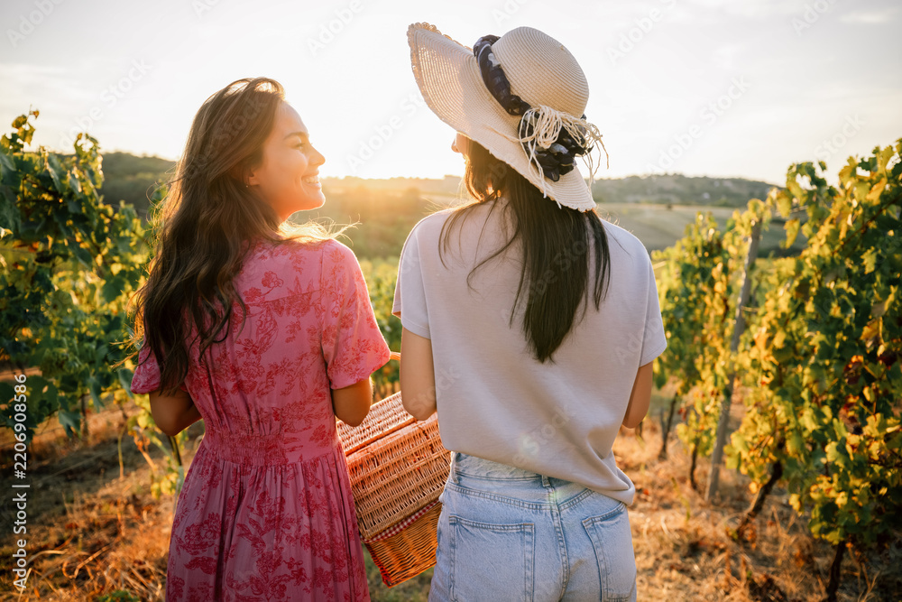Obraz premium Back view of two female friends walking with picnic basket in vineyard