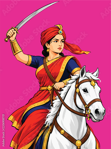 Rani Lakshmibai Warrior Queen on Horseback Illustration