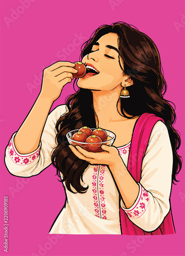Woman Eating Gulab Jamun Traditional Dessert Illustration