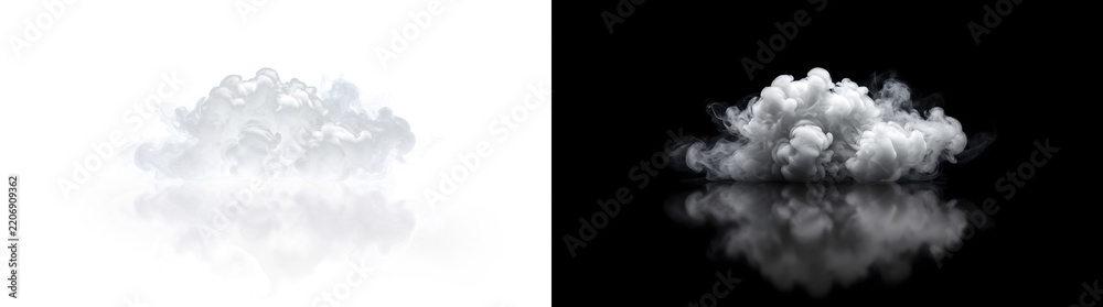 Obraz premium Cloud of puffy smoke resting on a reflective surface ideal for product displays in PNG Transparent and Black Background Versions