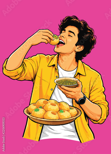 Man Eating Pani Puri Street Food Illustration
