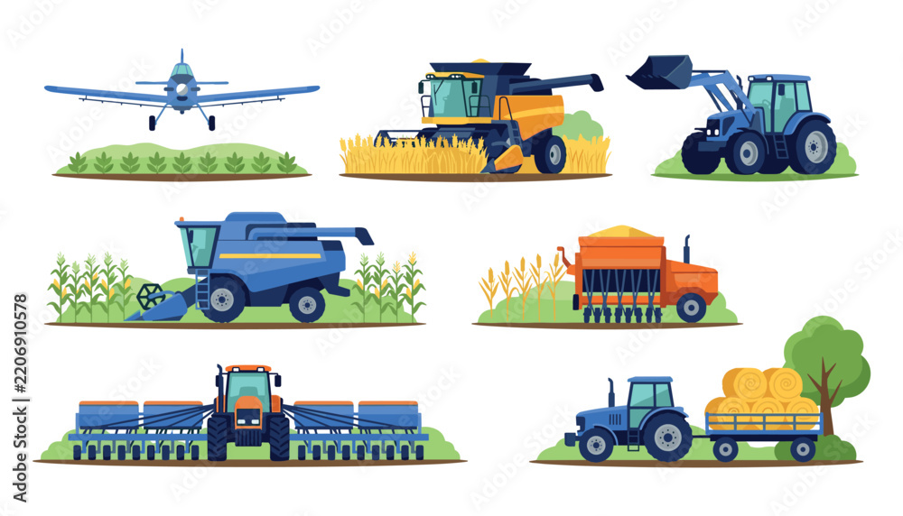 Fototapeta premium Agricultural machinery flat vector illustration set. Farm tractor, combine harvester, crop duster airplane, industrial seeder, hay baler and heavy equipment elements.