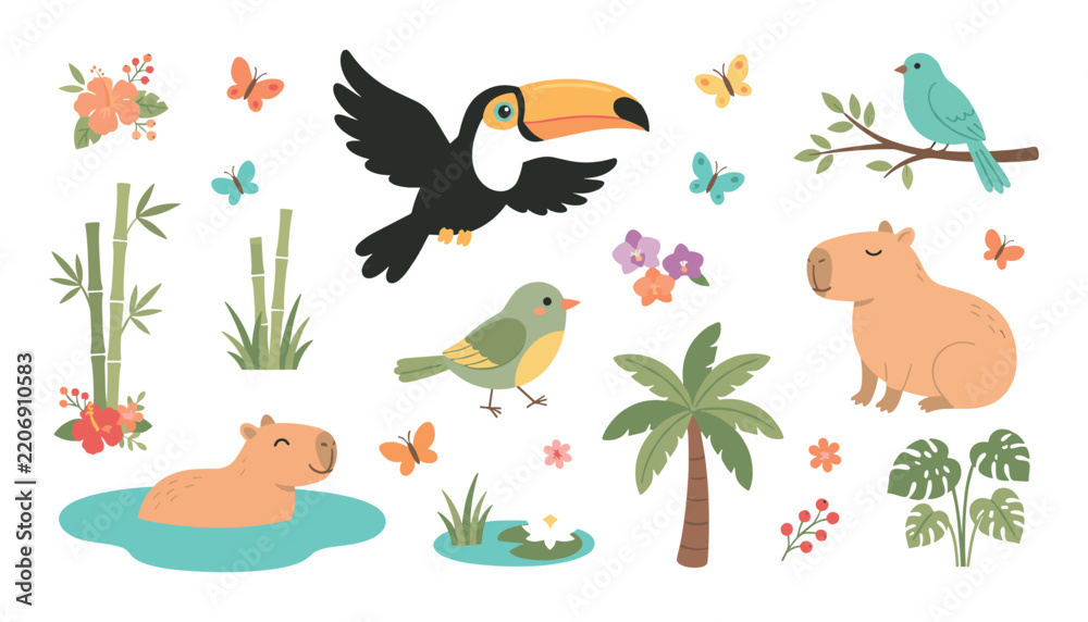 Obraz premium Tropical jungle wildlife vector icon set. Flying toucan bird, cute capybara rodent, palm tree, green bamboo, monstera leaves, butterflies and exotic flowers elements.