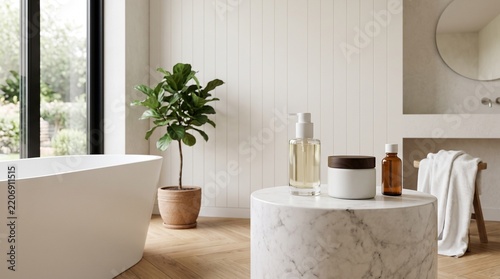 A modern, minimalist bathroom featuring a freestanding bathtub, a potted plant, and various skincare products on a marble side table. The room is bright and airy.