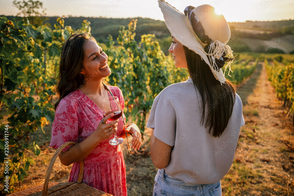 Obraz premium Two young women chatting and laughing together in a sunny vineyard