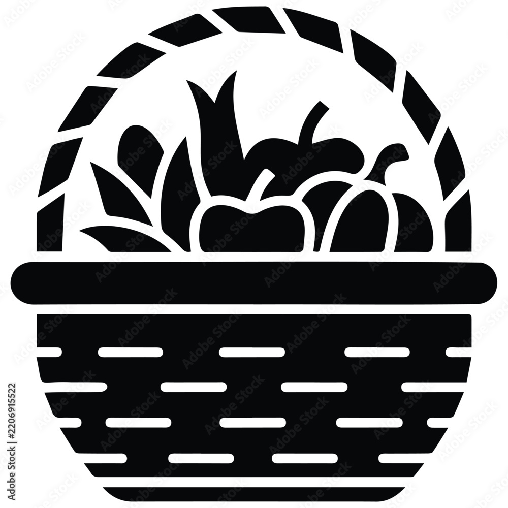 Fototapeta premium Woven harvest basket vector illustration filled with autumn produce and fruits silhouette.