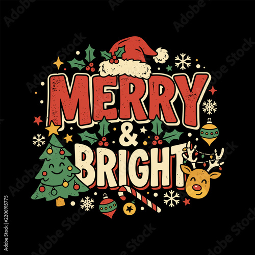 Merry And Bright Christmas Santa Hat Reindeer Vintage Festive