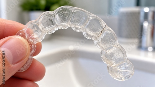 Macro close-up of clear orthodontic retainer with small visible crack running from edge near one tooth impression, realistic worn dental appliance