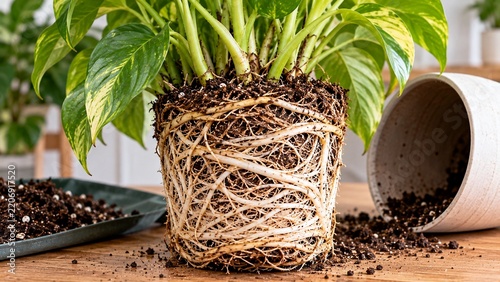 Houseplant removed from undersized pot showing extremely dense mass of white roots tightly circling the outside of compact root ball