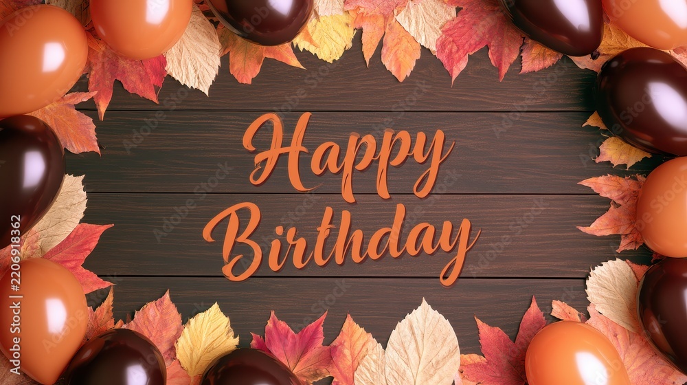 Obraz premium Happy Birthday text framed by autumn leaves and colorful balloons on wood background