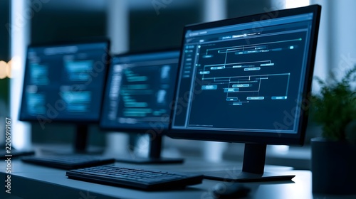 Modern office workspace with multiple computer monitors displaying technical diagrams and code in a cool blue lighting environment