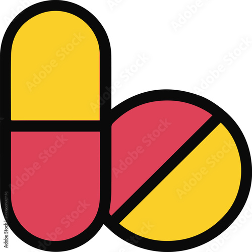 A simple flat vector icon depicting a yellow and red medical pill and a round tablet capsule