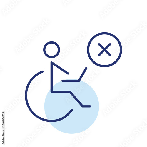 Accessibility restriction. Wheelchair user, laptop and cross. Pixel perfect, editable stroke vector icon