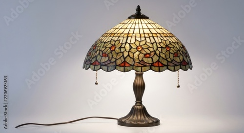 Antique-style table lamp with stained-glass shade and ornate metal base, glowing