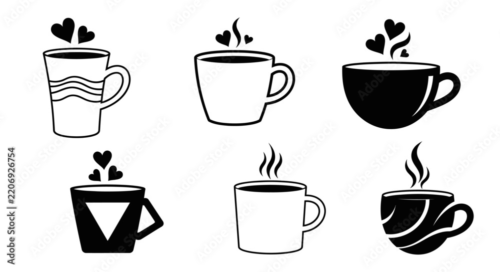 Fototapeta premium Lovely coffee cup vector collection with various designs showing steaming hot beverages and hearts for warmth