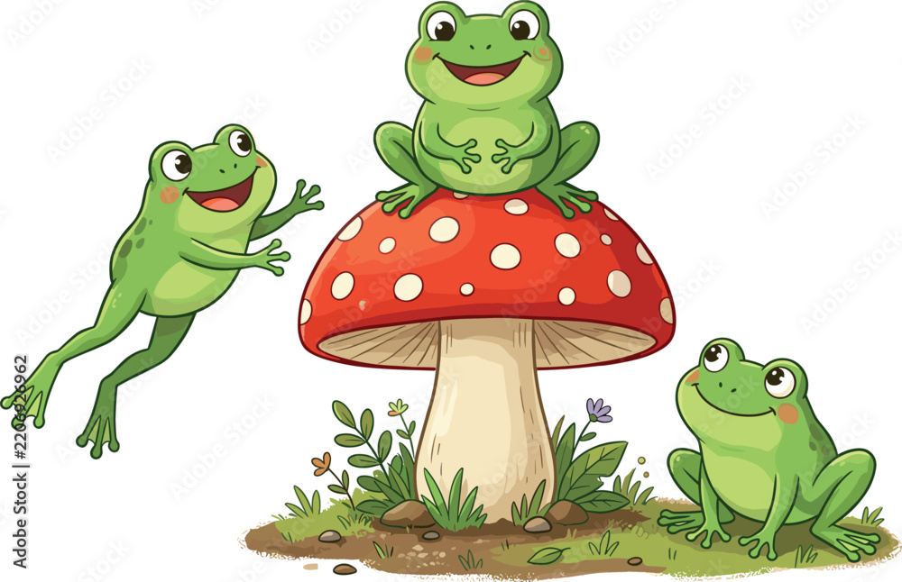 Fototapeta premium Cute Cartoon Green Frogs Playing Around a Red Spotted Mushroom Toadstool in the Forest Graphic Illustration Vector Asset for Children Books