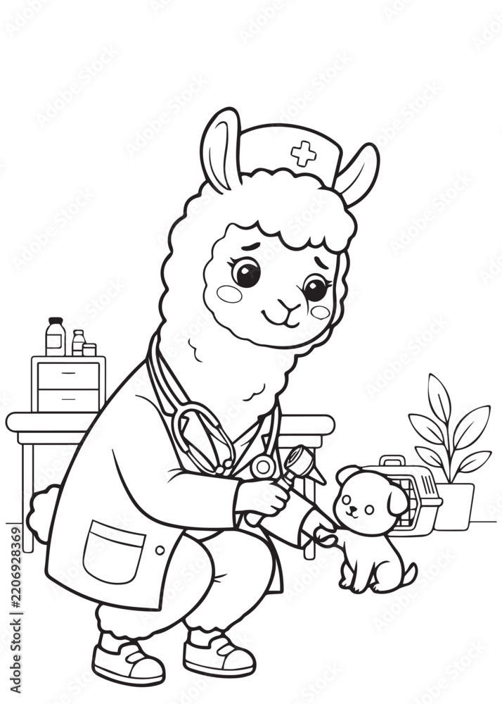 Fototapeta premium coloring page book adorable alpaca veterinarian caring for a small puppy, gentle animal doctor giving a checkup in a cozy pet clinic
