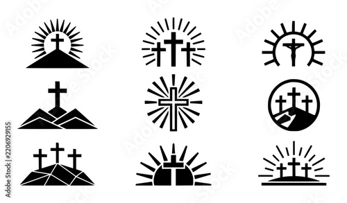 Modern Geometric Calvary Hill Crucifix and Christian Easter Symbol Vector Set