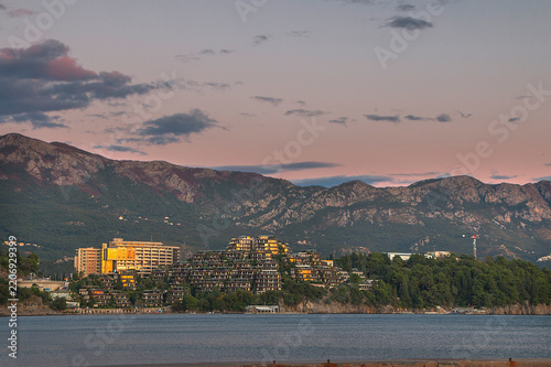 Evening seascape. A resort town on the Adriatic Sea coast