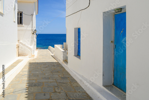 Traditional Greek white architecture of Chora, the capital of Andros island. Cyclades, Greece