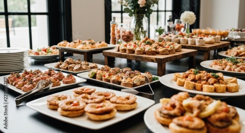 An elegant buffet table laden with diverse savory appetizers and desserts, ready to serve